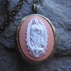 Choose Peach, Purple, Burgundy, or Sky Blue  -  Virgin Mary - Lady of Guadalupe Cameo Bronze Locket - Religious - Easter - Christmas