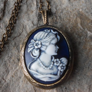 CAMEO LOCKET-- Victorian Woman Portrait Cameo - Hand Painted (Blue)-  2&quot; long--- Bronze - Antique Look--- Great Quality!!