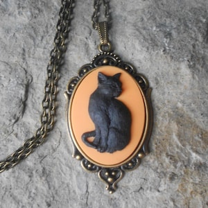 Choose Bronze or Silver - Halloween Black Cat (on an orange background) Cameo Pendant Necklace - Great Quality -Spooky - Witch