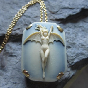 Vampire, Vampiress, Bat Woman Cameo Brass Necklace - Victorian Goth - Goth - Dark - Devil - Demon