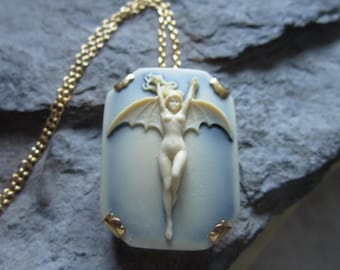 Vampire, Vampiress, Bat Woman Cameo Brass Necklace - Victorian Goth - Goth - Dark - Devil - Demon