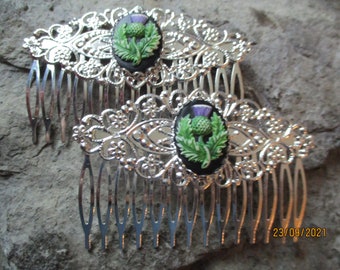 Choose Silver or Gold - Pair of Scottish Thistle Hand Painted Cameo Filigree Hair Combs - Scotland  - Celtic - Hair Clips - Celtic -Scotland