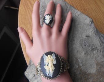 Pulsera y anillo a juego con camafeo de ángel guardián en bronce y filigrana - Gran calidad - Religioso, Pascua, Navidad