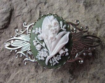 Choose White or Pink on Green - Lily of the Valley Cameo Silver Filigree Barrette - Hair Accessory - Bride -Hair - Bridal Accessory - Floral