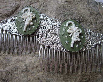 Choose Bronze or Silver - Pair of Christmas Candy Cane Cameo Filigree Hair Combs - Victorian Christmas - Hair Accessory - Hair Clips