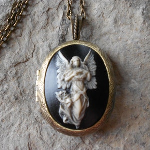 LOCKET--Stunning Guardian Angel Cameo (hand painted) Bronze Pendant Locket -  2&quot; long--Antiqued Look--- Great Quality