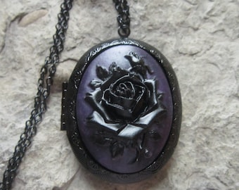 Hand Painted Black Rose on Dark Purple Cameo on a Black Enamel Locket - Mourning, Goth, Gothic