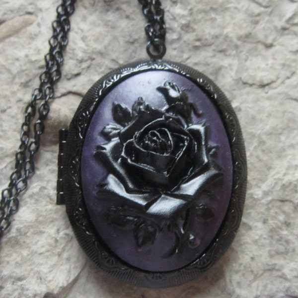 Hand Painted Black Rose on Dark Purple Cameo on a Black Enamel Locket - Mourning, Goth, Gothic