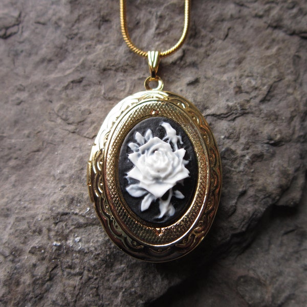 White Rose on Black Cameo Gold Plated Locket - Great Quality - Wedding, Bride, Mother, Unique, Photos, Keepsakes