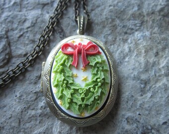 Wählen Sie Bronze, Gold oder Silber - Weihnachten Kranz Cameo Medaillon - Weihnachten - Festlich - Geschenk - Schleife - Rot, Grün