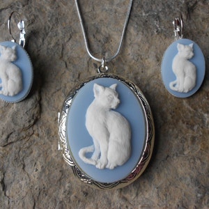 Kitty Cat Locket and French Lever Back Earrings Set - Gift Set - .925 Plated - Great Quality