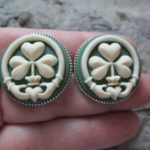 Pair of Cameo Shamrock and Claddagh Cuff Links - Irish - Celtic - Christmas- Quality - Cufflinks - Scarf Pin, Scarf Clip