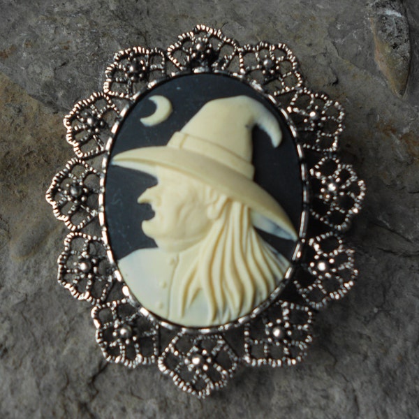 Choose Silver or Gold - 2 in 1 - Halloween Witch Cameo-  Brooch/Pin/Pendant -- Great Quality!!! Witch's Hat, Moon