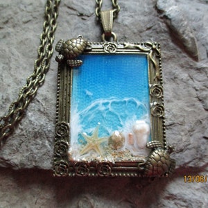 Ocean / Sea Resin Artwork Necklace - Real Caribbean Sand, Real Starfish, Shell, Rocks and Sea Turtle Charms - Seascape - Tropical - Vacation