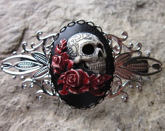 Skull & Roses Hand Painted Cameo Silver Filigree Barrette - Hair Accessory - Goth Wedding - Accessory