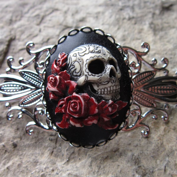 Skull & Roses Hand Painted Cameo Silver Filigree Barrette - Hair Accessory - Goth Wedding - Accessory
