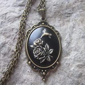 Hand Painted - Night Hummingbird and Roses - Black -  Cameo Necklace  - 2&quot; Long - Bronze Setting, Bronze Chain - Hummingbird Gift