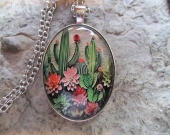 Flowering Cacti / Cactus Glass Pendant Necklace - Succulents - Gardener - Plant Lover Gift