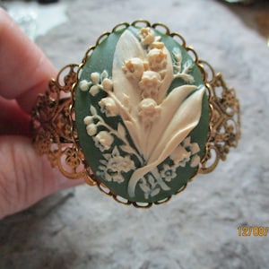 Choose Green, Black, Lavender or Burgundy - Lily of the Valley Cameo Gold Filigree Bracelet - Quality - Unique - Wedding - Bridal