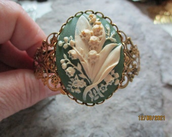 Elija verde, negro, lavanda o burdeos - Pulsera de filigrana dorada con camafeo de lirio de los valles - Calidad - Única - Boda - Novia