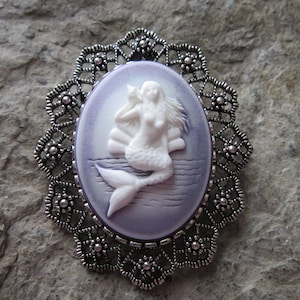 Choose Purple or Blue - 2 in 1 Mermaid Holding a Shell Cameo Brooch / Pin / Pendant - Quality - Tropical - Vacation - Cruise - Nautical