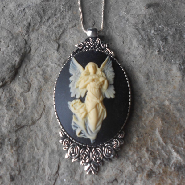 Choose Black or Blue - Stunning Guardian Angel Cameo Pendant Necklace - Religious, Christmas, Easter, .925 plated 22" Chain - Great Quality