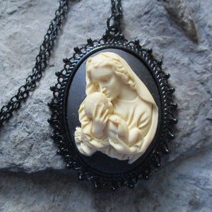 Virgin Mary Kissing Baby Jesus Cameo Black Enamel Pendant Necklace - Religious - Easter - Christmas