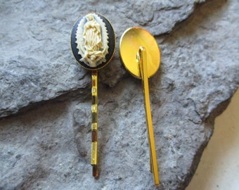 Choose Color - Lady of Guadalupe, Virgin Mary Cameo Gold Tone Bobby Pins - Hair Accessory - Hair Clips - Bridal - Wedding