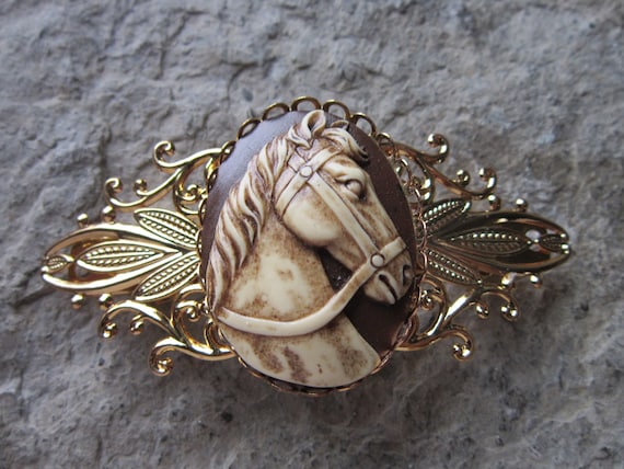 Gold Horse Barrette Unique Matte Gold Hair Barrette Equestrian Western Horse  main image 3