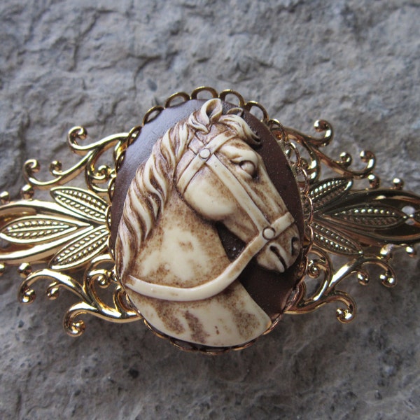 Choisissez Brun ou Noir - Hand Painted Horse Cameo Gold Filigree Barrette - Handmade - Hair Accessory - Horse Lover -Hair Jewelry - Accessoire