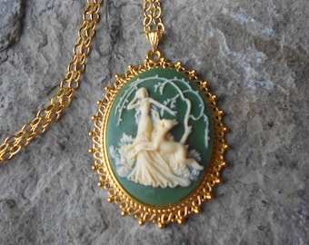 Choose Green or Black - Goddess Diana the Huntress Cameo Gold Plated Pendant Necklace - Unique - Forrest - Hunter - Deer