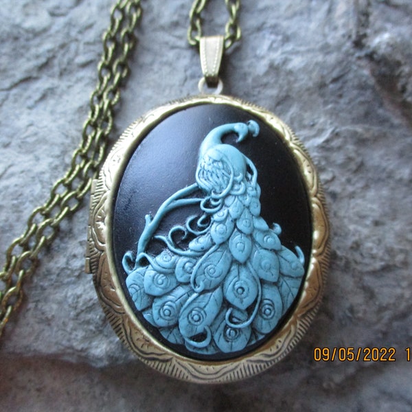 Peacock Hand Painted Cameo Bronze Lockets -  2" Long -Great Quality - Bird - Tropical