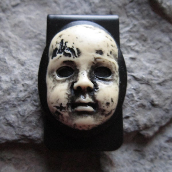 Creepy Baby Doll (Hand Painted) Cameo Black Money Clip -Unique - Scary -Biker -Father's Day Gift - Dad - Anniversary - Father's Day - Goth