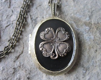 Irish Shamrock - Four Leaf Clover Bronze Lockets-  2" Long - Antique Look- Black -Great Quality!! St. Patrick's Day - Irish Heritage, Clover