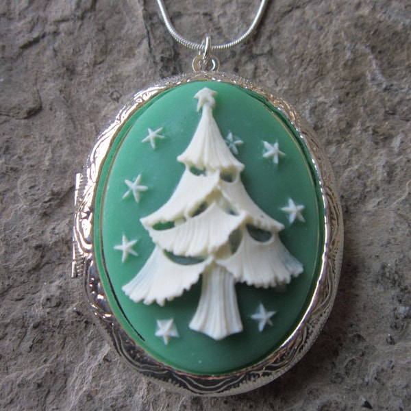 Choose Silver, Gold or Bronze -  Holiday Christmas Tree Cameo Locket - Christmas - Festive - Gift - Pine Tree