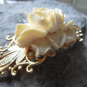 Choose Gold or Silver - Cream, Off White Rose Resin 3-D Flower Filigree Barrette - Hair Accessory - Hair - Wedding - Bridal - Summer