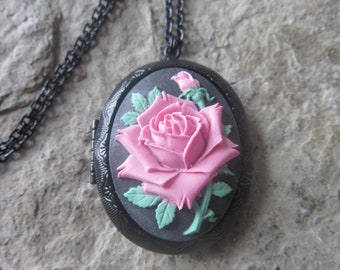 Pink Rose with Green Leaves and Stem Cameo on a Black Enamel Locket - Wedding - Bridal - Unique
