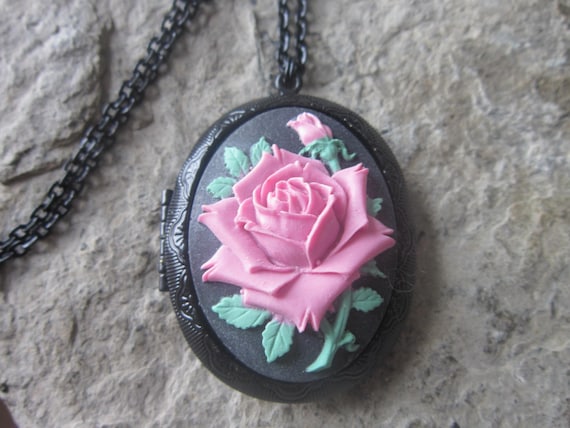 Pink Rose With Green Leaves and Stem Cameo on a Black Enamel