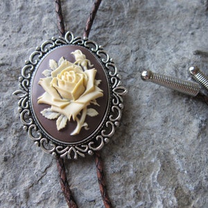 Unisex Bolo - Bola Tie - Cream Rose on Brown Cameo -Necklace - Choker -Tie -Rodeo - Southwestern - Cowgirl