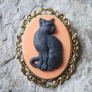 Halloween Black Cat (on Orange) Cameo-  Brooch / Pin - Great Quality!!! Witch Costume Accessory, Spooky, Scary, Cat Lover, Gift
