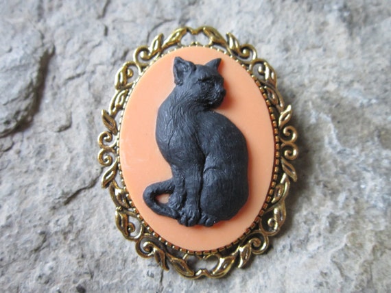Halloween Black Cat (on Orange) Cameo- Brooch Pin Great