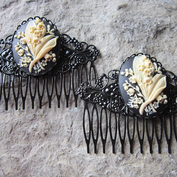 Pair of Lily of the Valley Cameo Black Filigree Hair Combs - Hair Accessory - Hair Clips - Barrettes - Wedding - Bridal - Formal - Prom