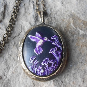 Hummingbird Bronze Locket (hand painted) Purple, Black- Antiqued Look - Quality