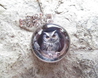 Owl Glass Pendant Necklace with Hanging Owl Charm - Great Quality - Halloween - Great Horned Owl - Owl Gift