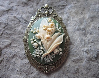 Choose Green, Black, Burgundy or Blue - 2 in 1 Lily of the Valley Cameo Bronze Brooch/Pin/Pendant - Unique - Victorian - Floral - Wedding