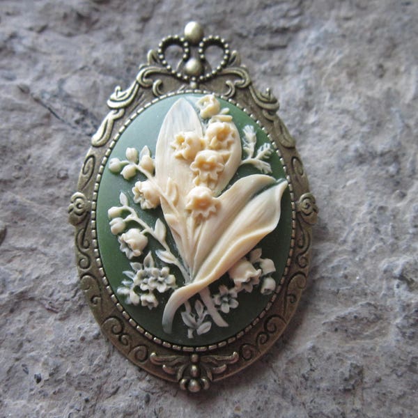 Choose Green, Black, Burgundy or Blue - 2 in 1 Lily of the Valley Cameo Bronze Brooch/Pin/Pendant - Unique - Victorian - Floral - Wedding