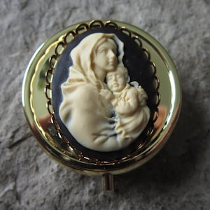 Choose Color- Gold Tone Virgin May & Baby Jesus Cameo Pill Box -Medication Case, Religious- Pill Case -Storage - Meds - Medication Organizer