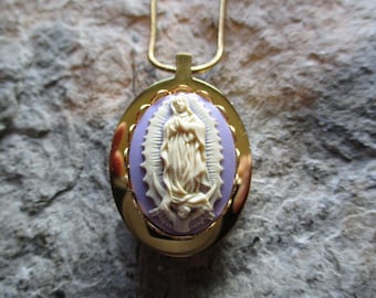 Choose Gold Plated or Stainless Steel - Lady of Guadalupe, Virgin Mary Cameo Urn Necklace - Ashes -Lock of Hair - Memorial - Religious Urn