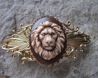 Lion Head Hand Painted Cameo Gold Filigree Barrette - Heart - Handmade - Hair Accessory - Lion's Head - Africa - African - Gift - Accessory