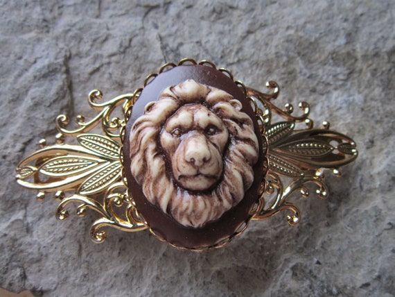 Vintage French Lion Head Hair Clip Barrette Gold Tone 3 Lion Head Hair Accessorie Barrete – Viviane Guenoun main image 4